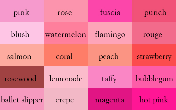 Color Thesaurus / Correct Names of Shades of Pink