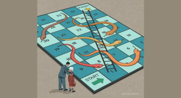 Life Isn’t Fair — And These 32 Illustrations Show You Why Retro-style illustration by John Holcroft showing two people standing at the start of a giant Snakes and Ladders board symbolizing life’s ups and downs
