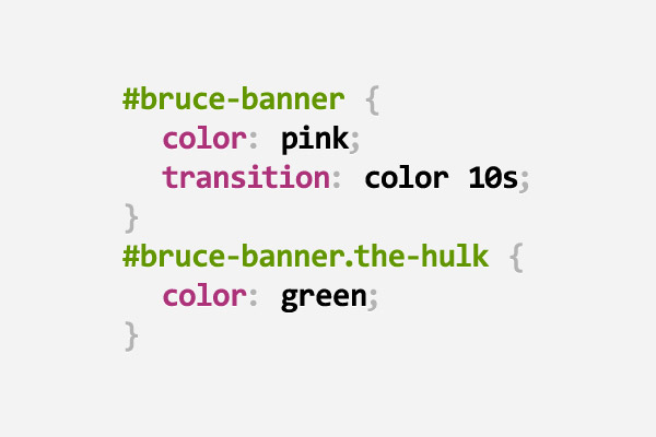 CSS pun showing Bruce Banner changing from pink to Hulk green with a CSS transition