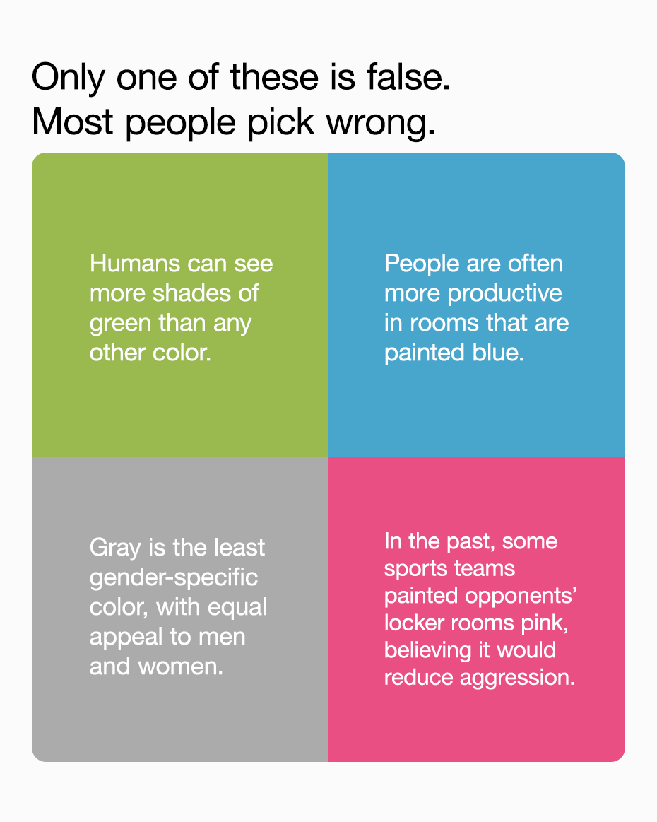 Color psychology quiz with facts about green, blue, gray and pink and their effects on perception, productivity and behavior