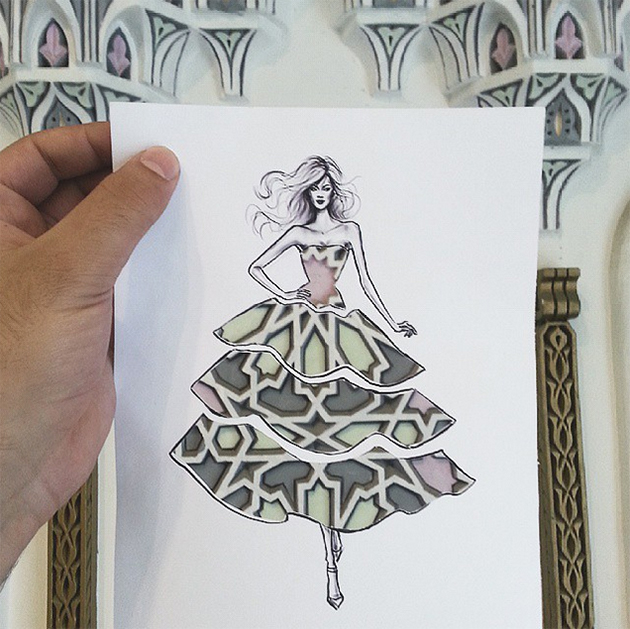 Fashion Cut-Out Sketches Completed Using Skies And Sceneries - 4