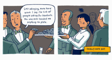 This Brilliant Comic Strip On Rich Vs Poor Upbringing Shows What Privilege Is All About Comic panel from Toby Morris’s “On a Plate” showing a wealthy man claiming success through hard work while taking food from a plate served by a working-class woman, highlighting privilege and inequality.