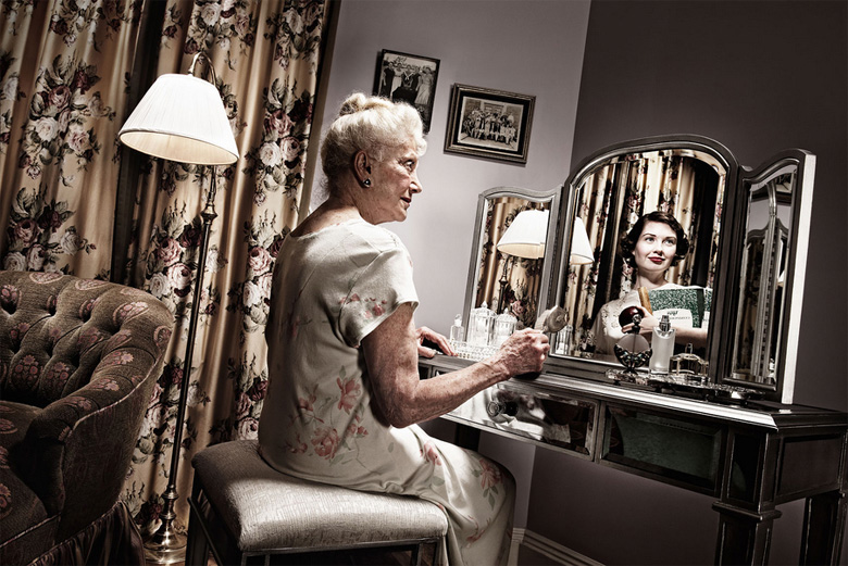 Image result for old woman looks in mirror, sees her younger self