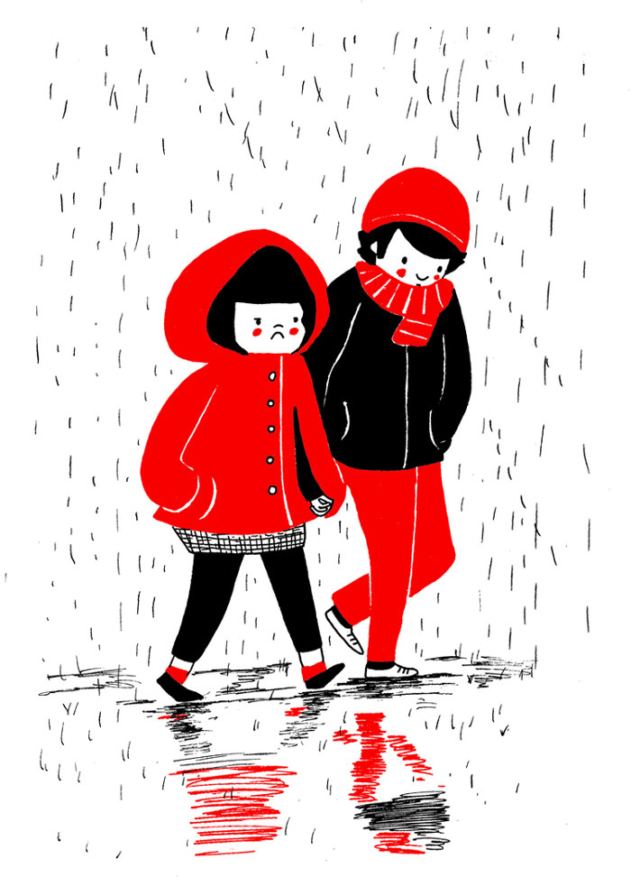 Holding his/her hand while walking in the rain