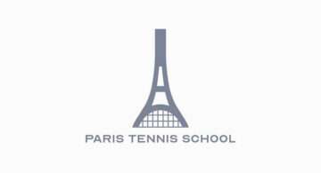 Paris Tennis School logo merging the Eiffel Tower with a tennis racket, representing clever logo design with hidden meaning