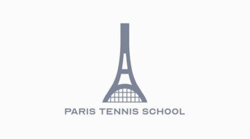 Paris Tennis School logo merging the Eiffel Tower with a tennis racket, representing clever logo design with hidden meaning