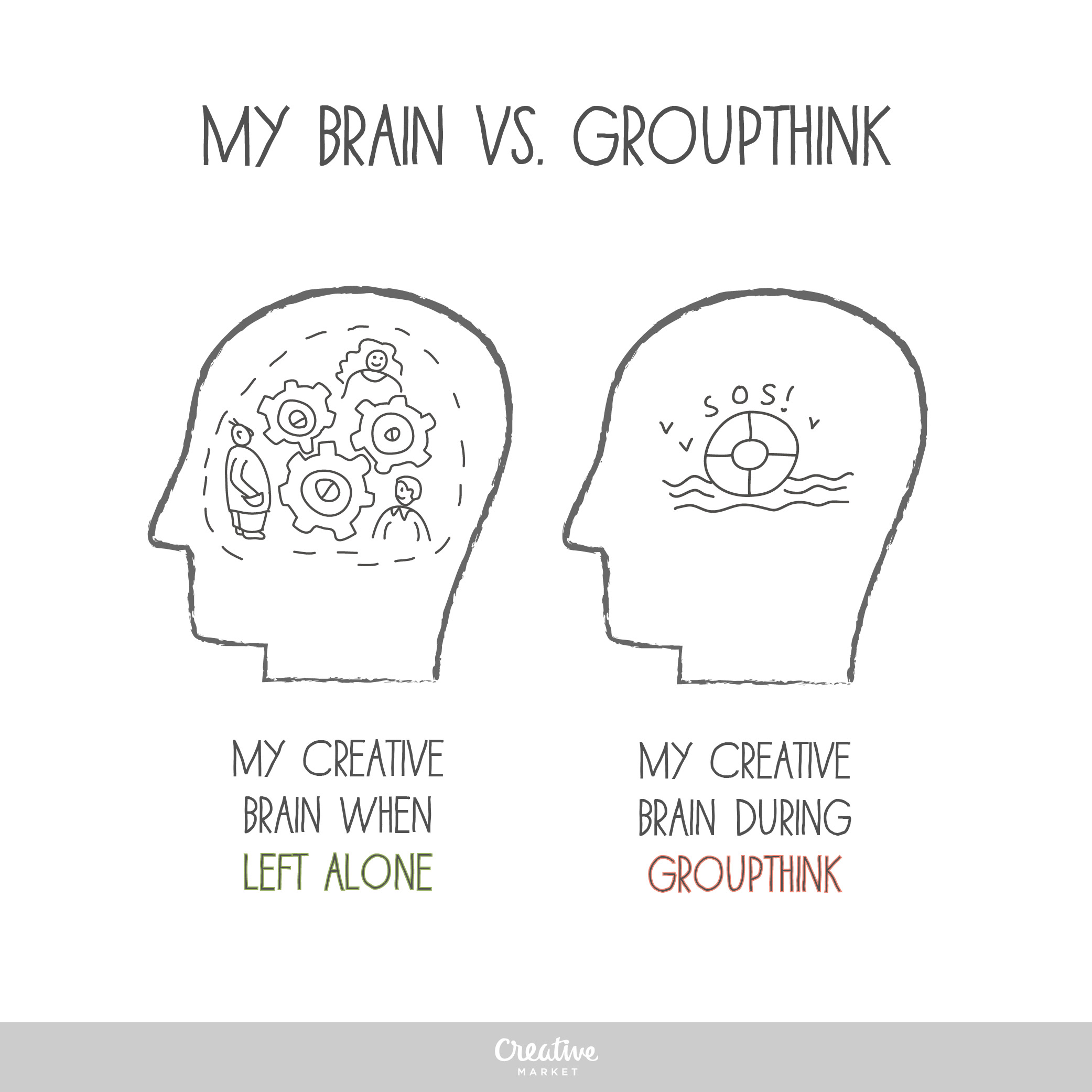 My brain when left alone vs. in a meeting, brainstorming, or groupthink.