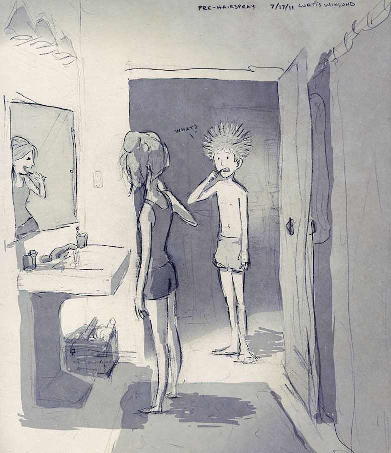 Husband & wife drawings / sketches / illustrations for 365 days - Post-shower, pre-hairspray