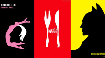 Negative space design examples featuring a dancer silhouette, Coca-Cola bottle illusion, and Batman profile in minimalist graphic art.