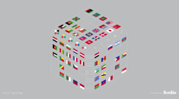 Data visualization of national flags from around the world arranged in a 3D cube, highlighting patterns in flag colors, symbols, and design.