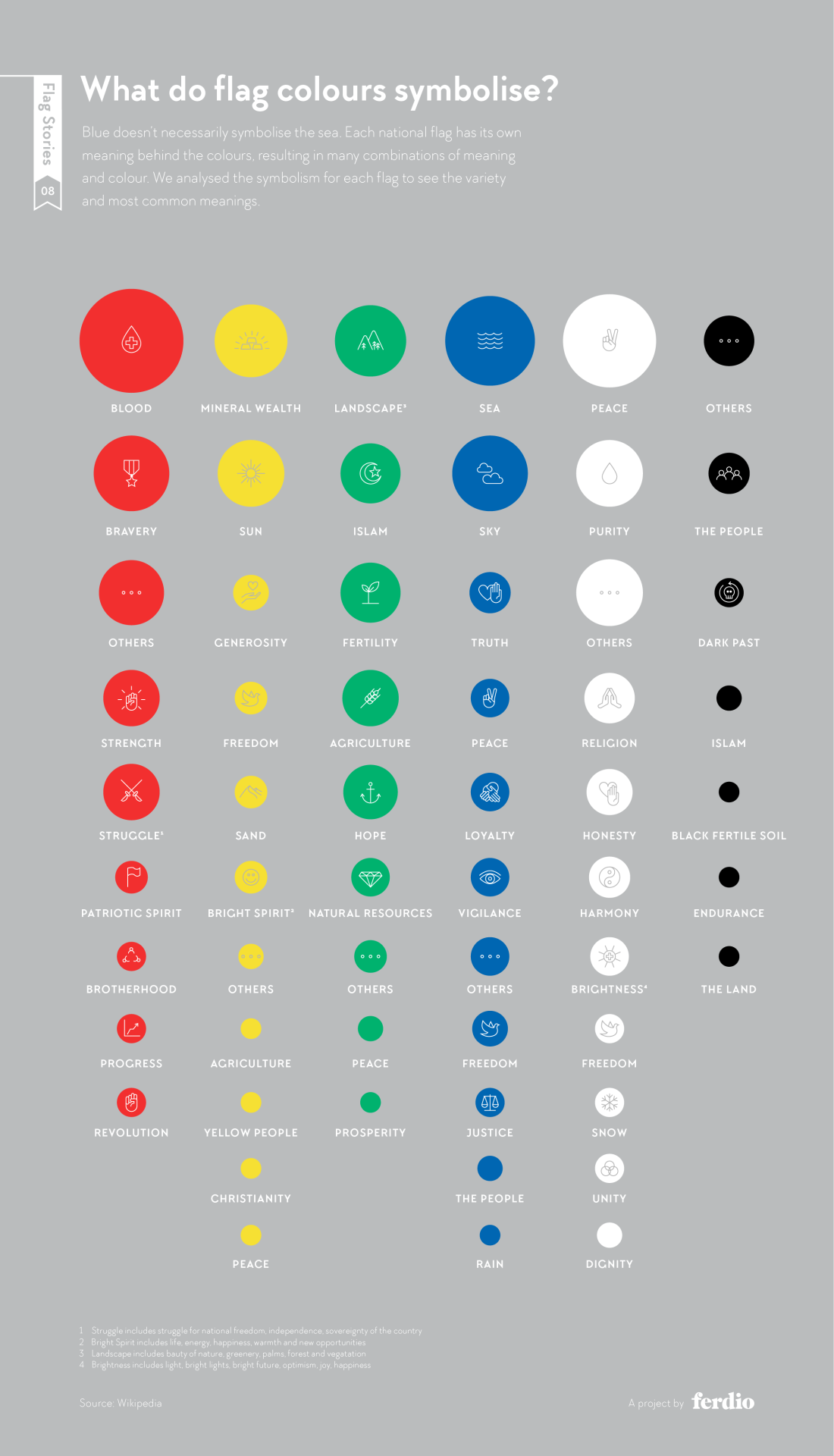 Infographic explaining what flag colors symbolize, including red for blood, yellow for mineral wealth, green for landscape and blue for sea