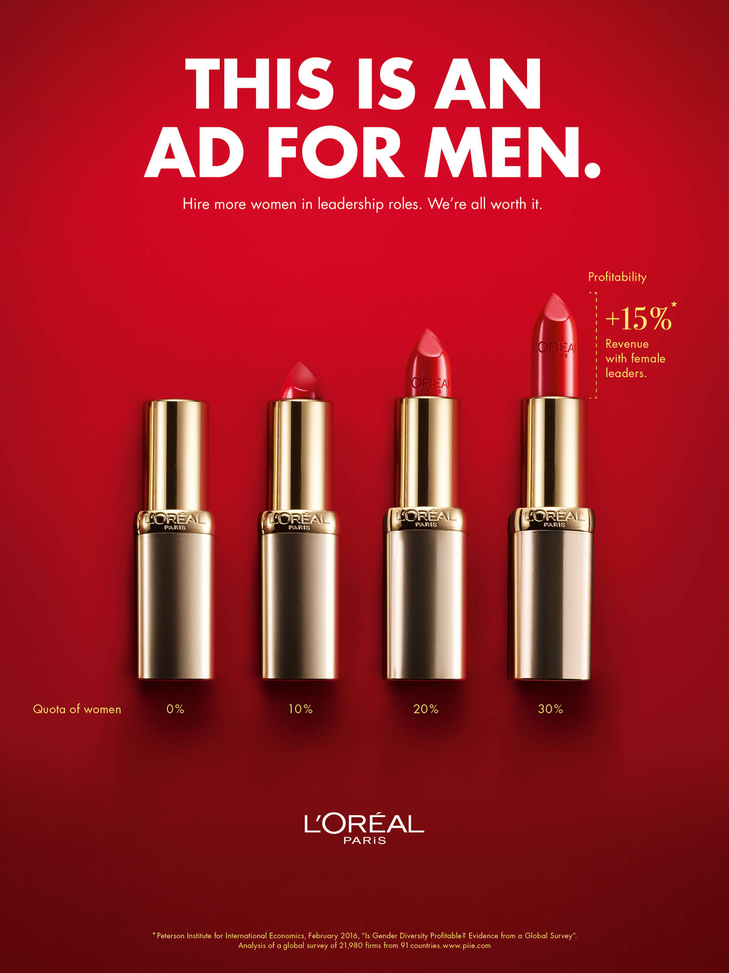 This is an ad for men. Hire more women in leadership roles. We're all worth it. - L'Oreal