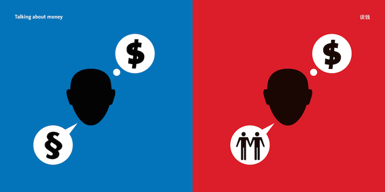 East vs West cultural differences - talking about money illustration comparing financial openness in Eastern and Western cultures