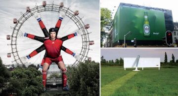 Creative outdoor advertising examples featuring Adidas’ Ferris wheel goalkeeper billboard, Heineken’s giant green bottle ad, and Bic’s grass-shaving installation.