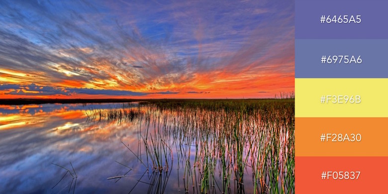 Beautiful color combinations, schemes and palettes - Sunset Over a Swamp
