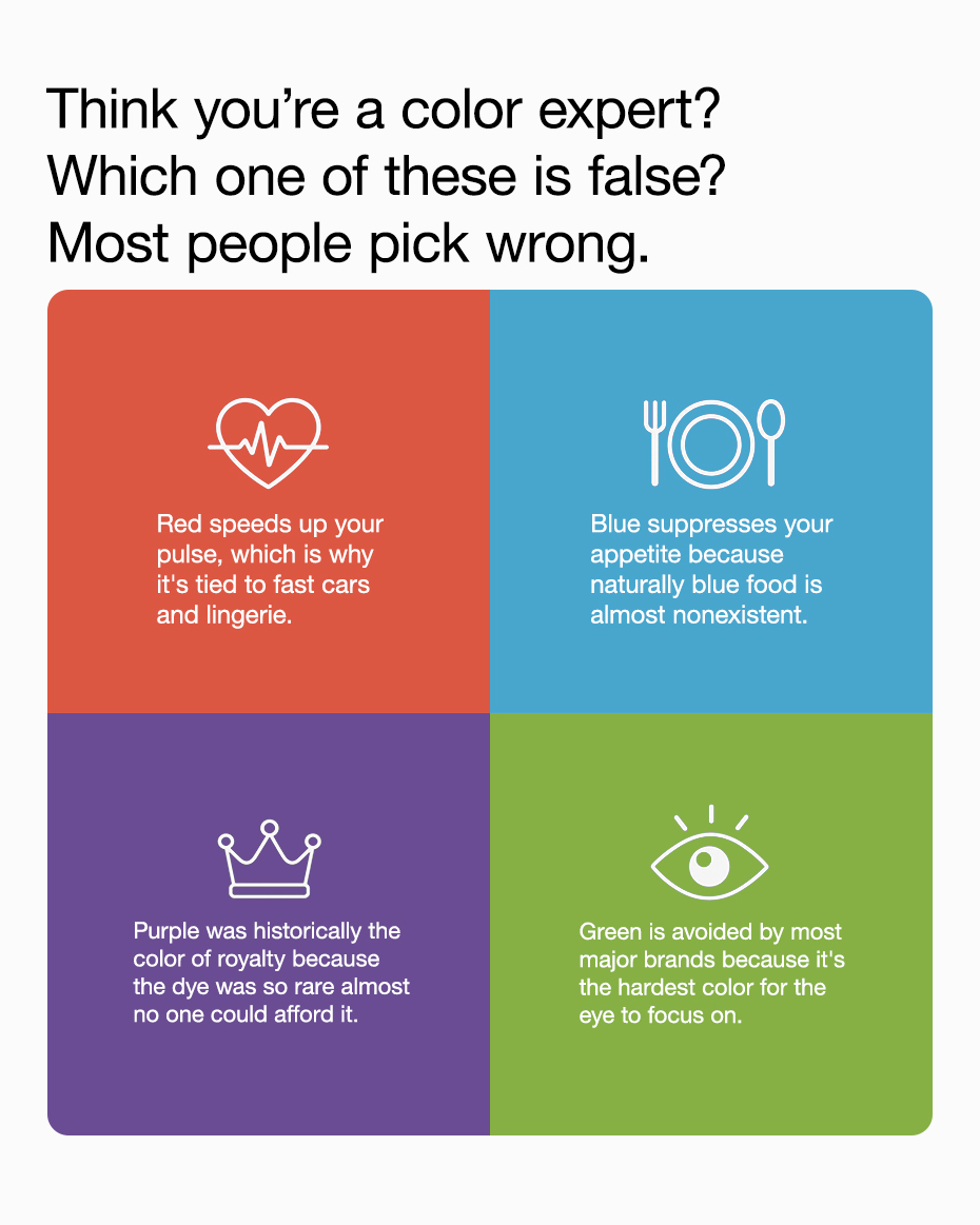 Color psychology quiz: three color facts are true and one is false