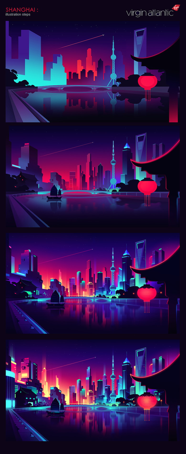 Colorful architecture skyline and cityscape illustrations - Virgin Atlantic: Shanghai