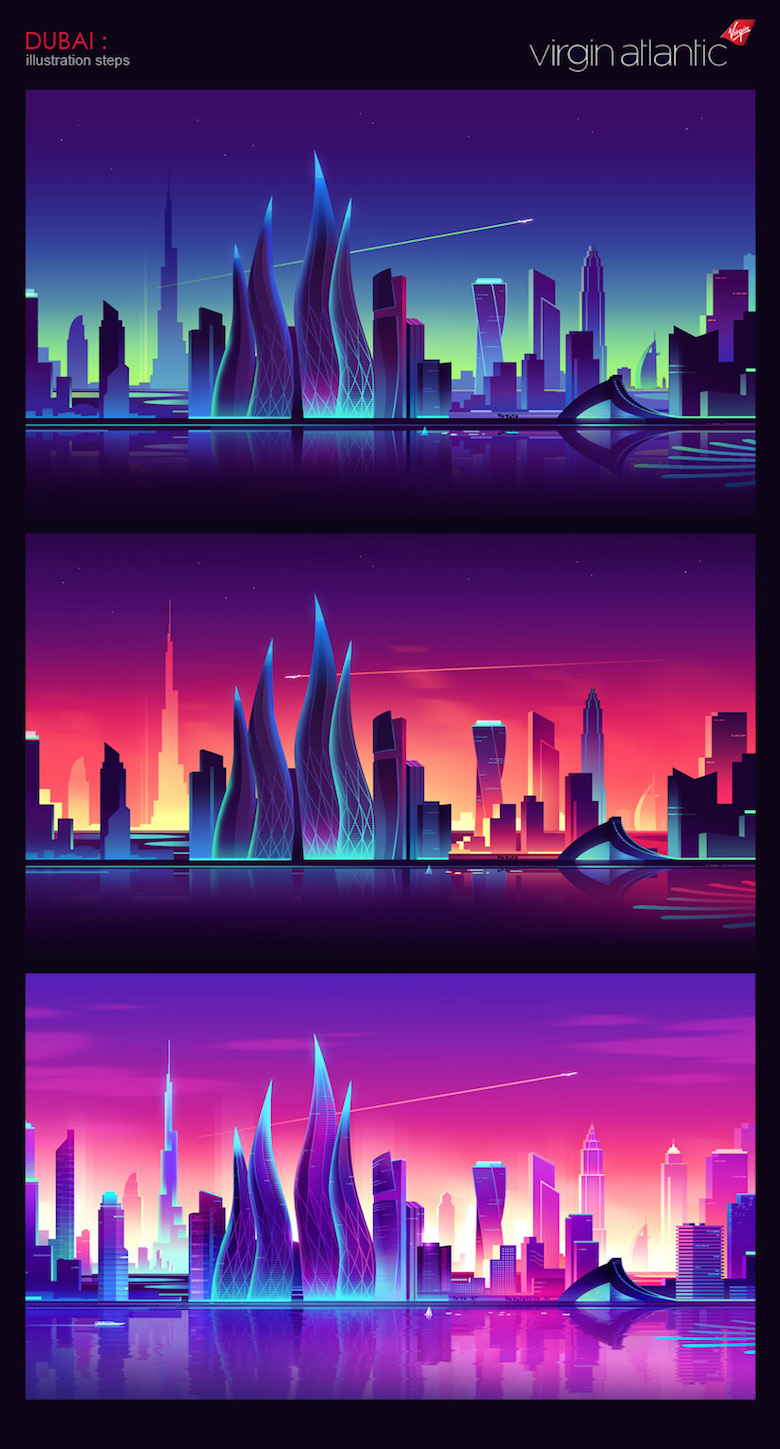 Colorful architecture skyline and cityscape illustrations - Virgin Atlantic: Dubai