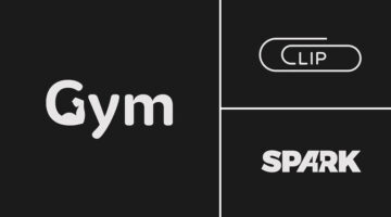 Creative typographic logos of words like Gym, Clip and Spark using visual letterforms