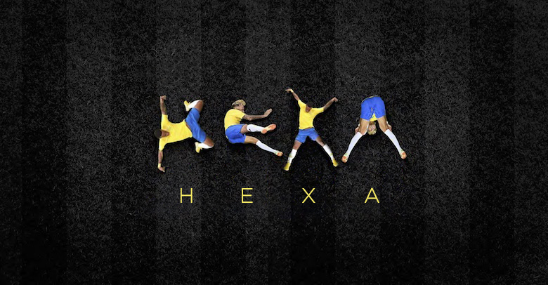 Neymar's falling poses arranged to spell HEXA using the Ney Type font