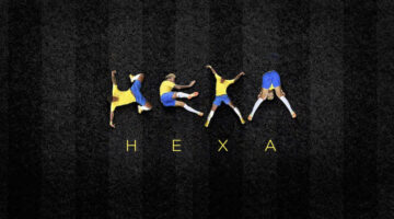 Neymar's falling poses arranged to spell HEXA using the Ney Type font on a dark football pitch