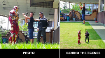 Forced perspective photography comparing a photo of a toy Iron Man figure made to look life-sized next to two men, beside the behind-the-scenes reality showing the small figures on a lawn