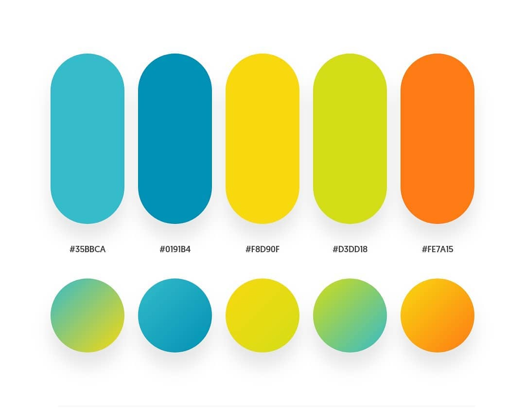 Schémas de couleurs bleu, jaune, vert, orange et palettes de dégradés
