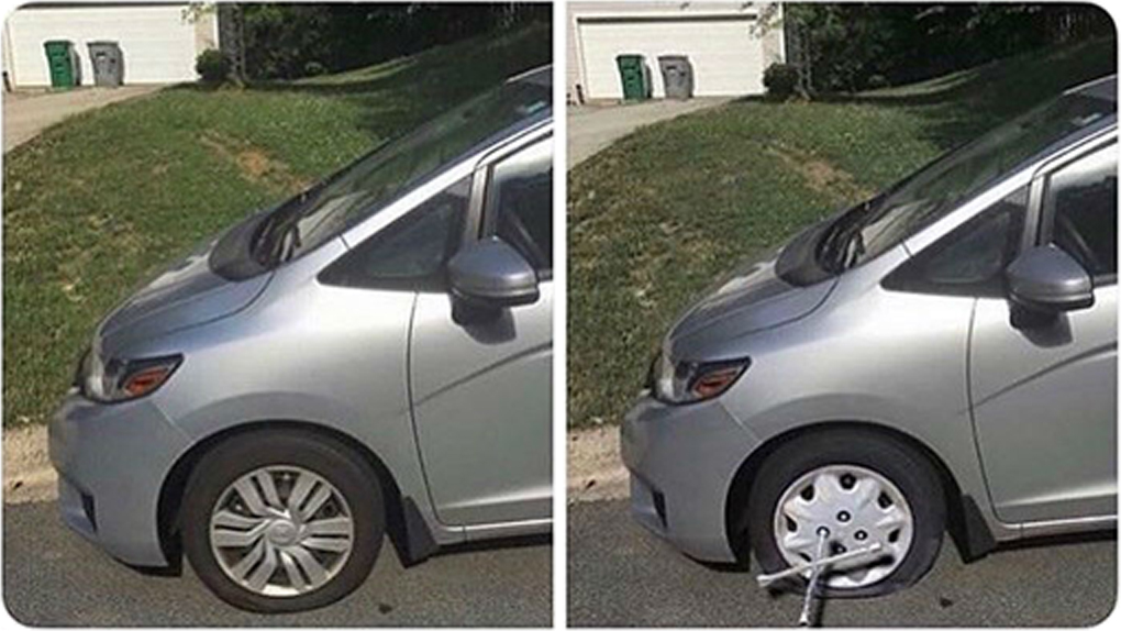 Man Photoshops Flat Tire to Skip Work – Before and After Before and after photo showing a car tire digitally edited to look flat using Photoshop