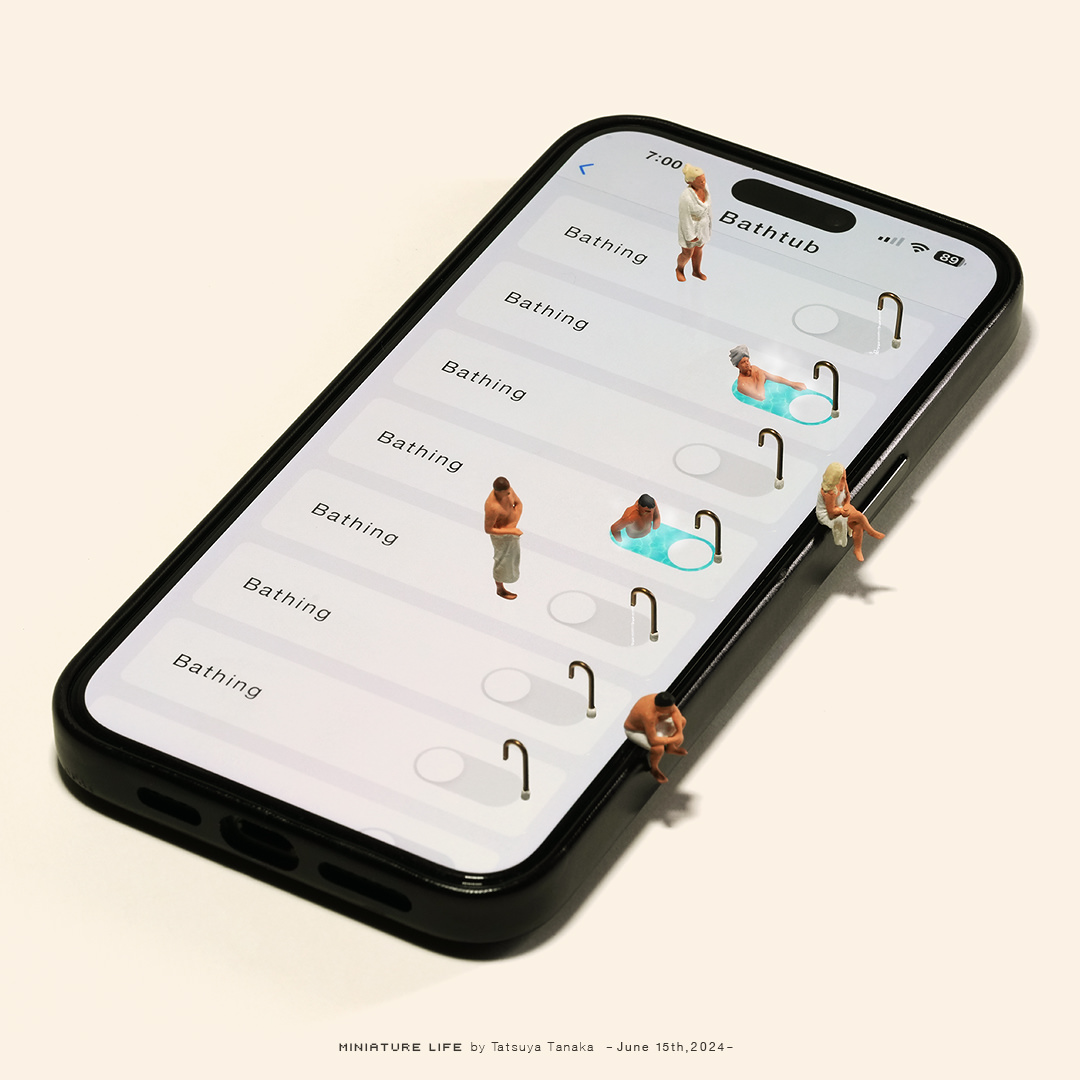 Smartphone settings screen transformed into miniature bathtubs with tiny people bathing