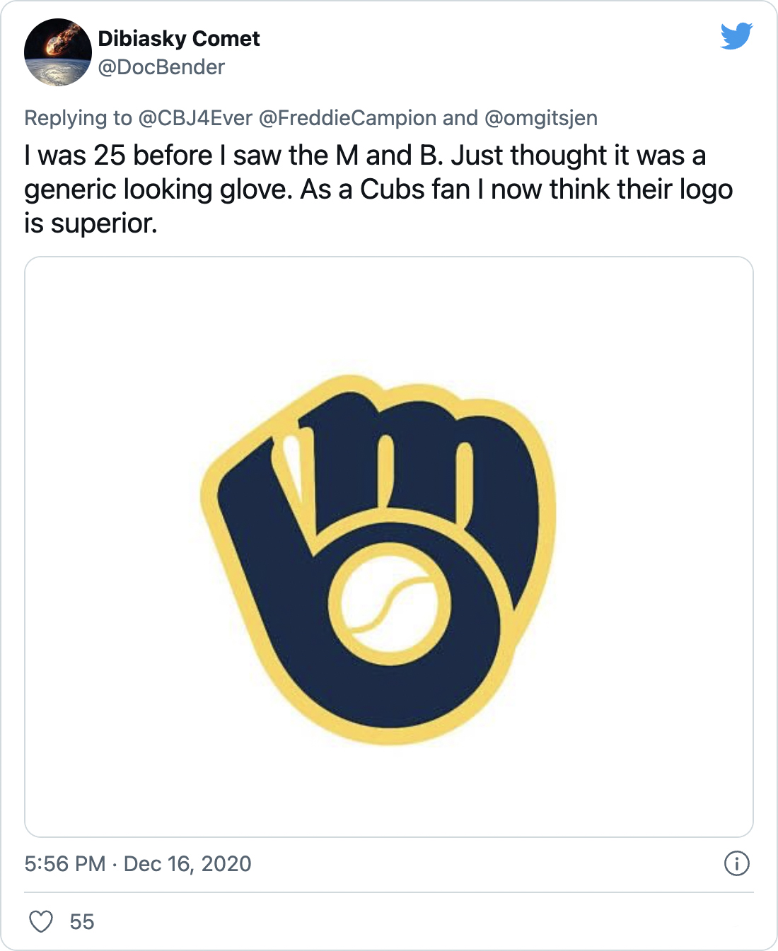 I was 25 before I saw the M and B. Just thought it was a generic looking glove. As a Cubs fan I now think their logo is superior. - @DocBender