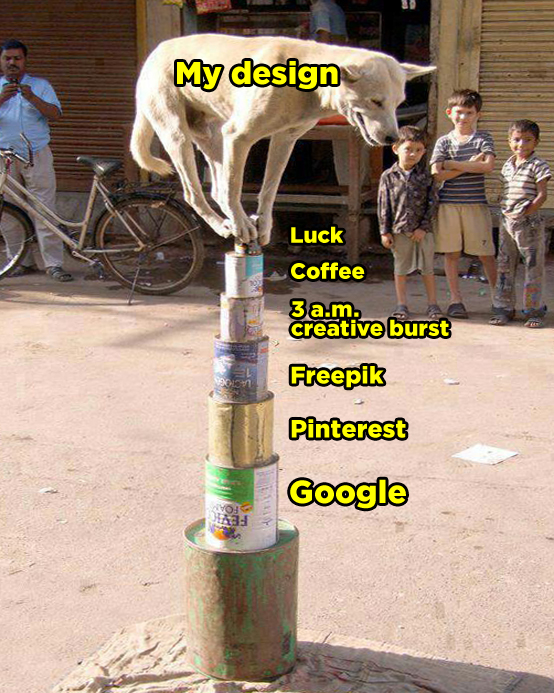 My design (standing on) Luck, Coffee, 3 am creative burst, Freepik, Pinterest, Google