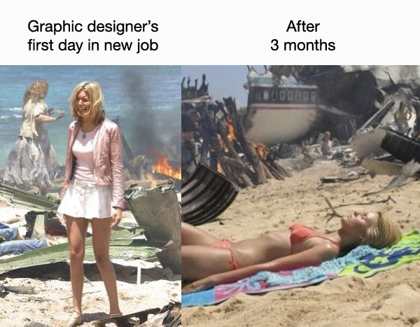 Graphic designer's first day in new job vs. After 3 months