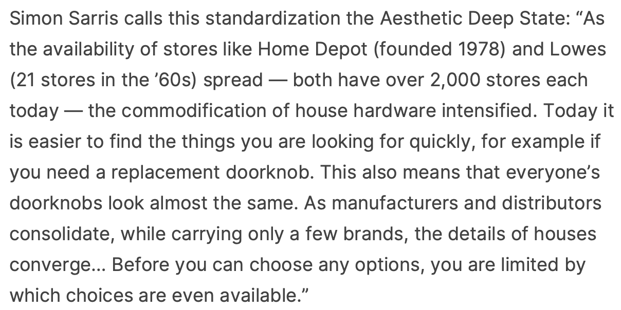 Simon Sarris quote about the Aesthetic Deep State and commodification of house hardware