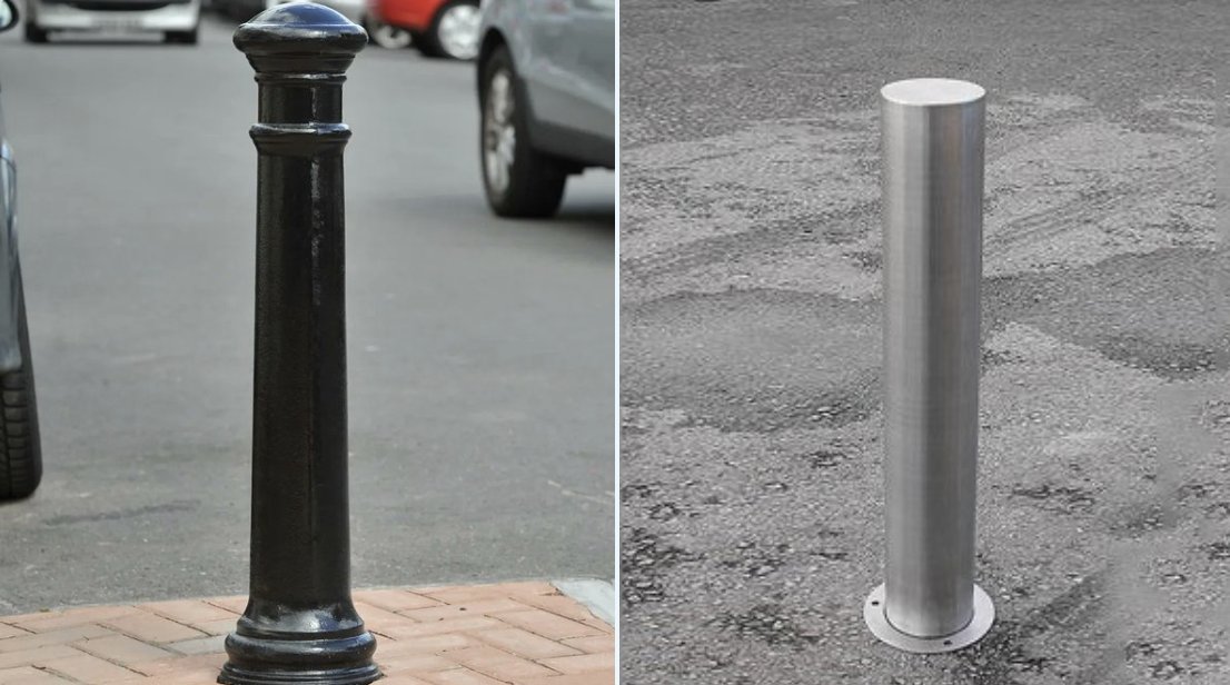 Classic cast iron decorative street bollard vs modern stainless steel bollard