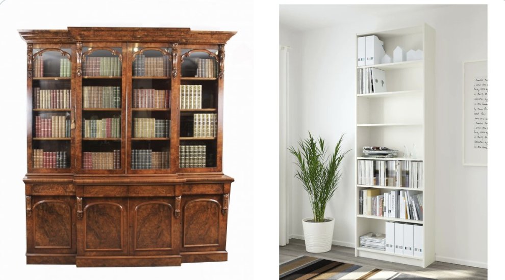 Antique Victorian wooden bookcase vs modern white IKEA Billy bookshelf