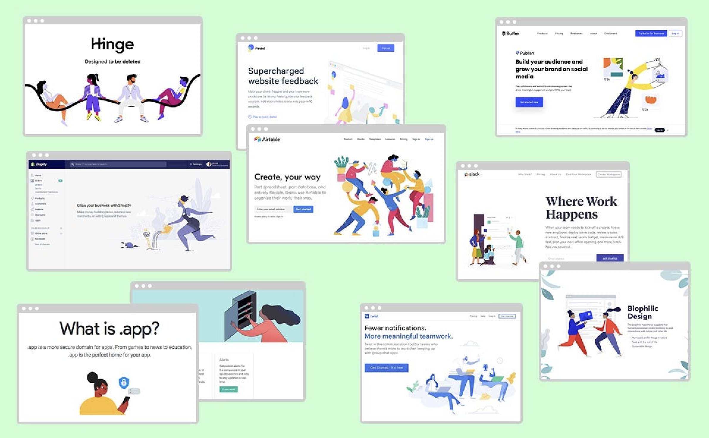 Multiple tech startup websites using Corporate Memphis illustration style — Hinge, Airtable, Shopify, Slack, Buffer