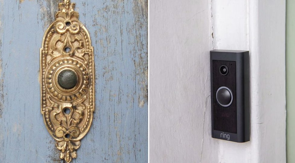 Vintage ornate brass doorbell vs modern Ring smart doorbell