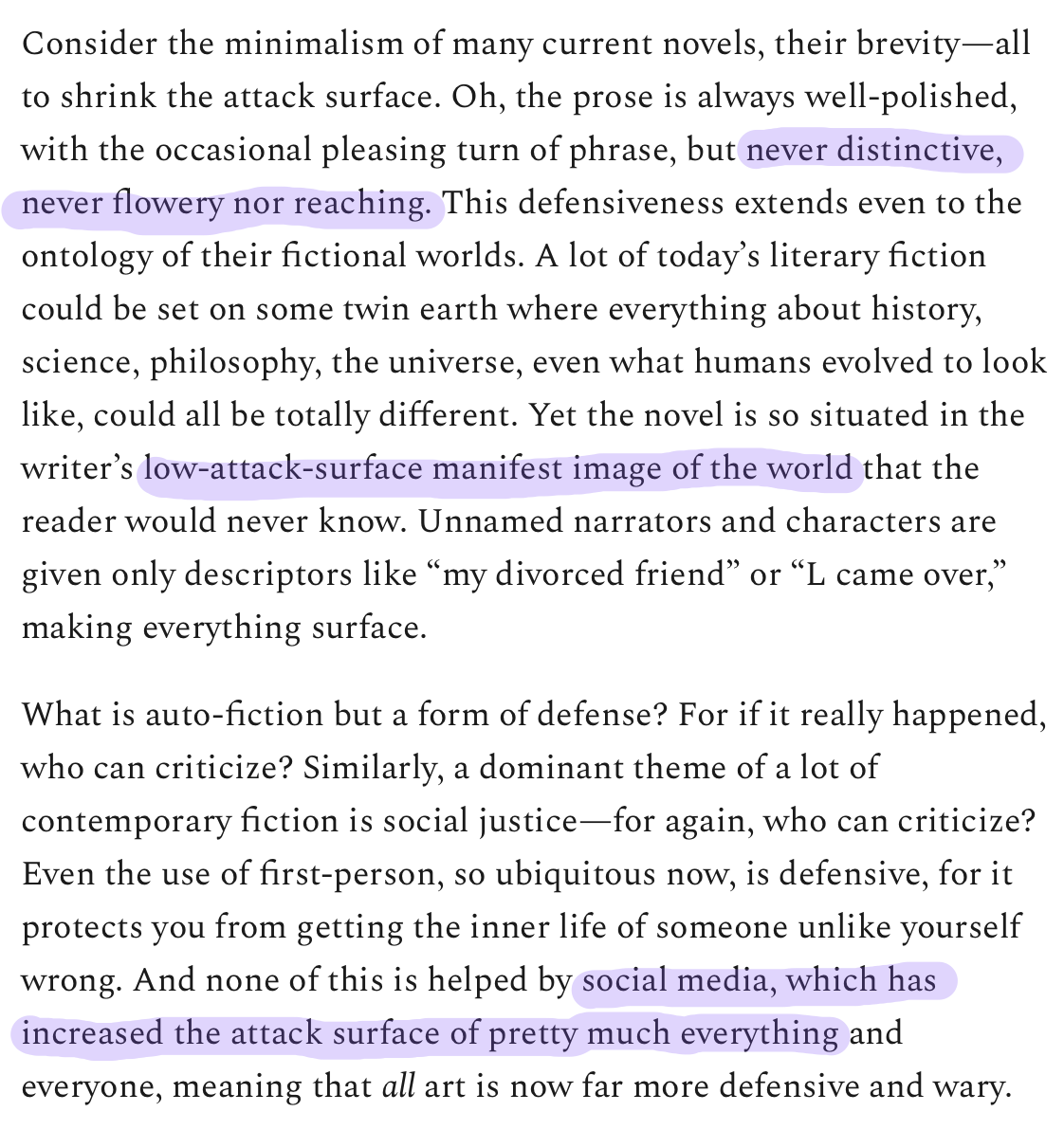 Erik Hoel essay excerpt arguing MFA-trained writers produce defensively minimalist fiction