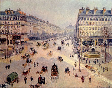 Camille Pissarro painting of Avenue de l'Opéra Paris showing uniform Haussmann-era buildings
