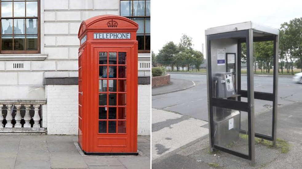 Old ornate red British telephone box vs modern minimalist glass phone booth