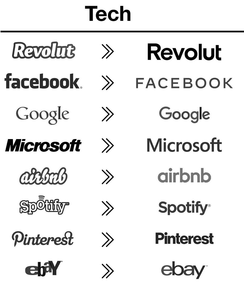Tech company logos before and after redesign — Revolut, Facebook, Google, Microsoft, Airbnb, Spotify, Pinterest, eBay