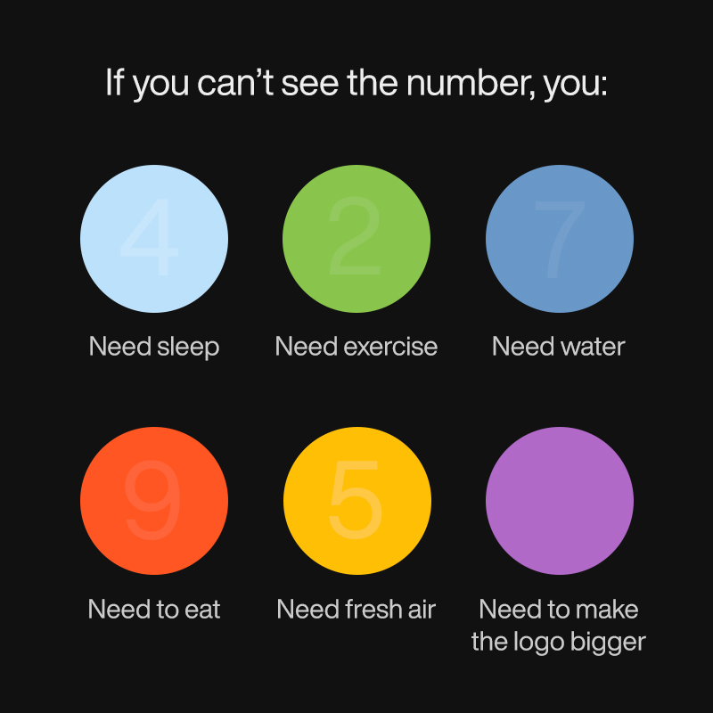 If you can't see the number, you: (1) Need sleep (2) Need exercise (3) Need water (4) Need to eat (5) Need fresh air (6) Need to make the logo bigger