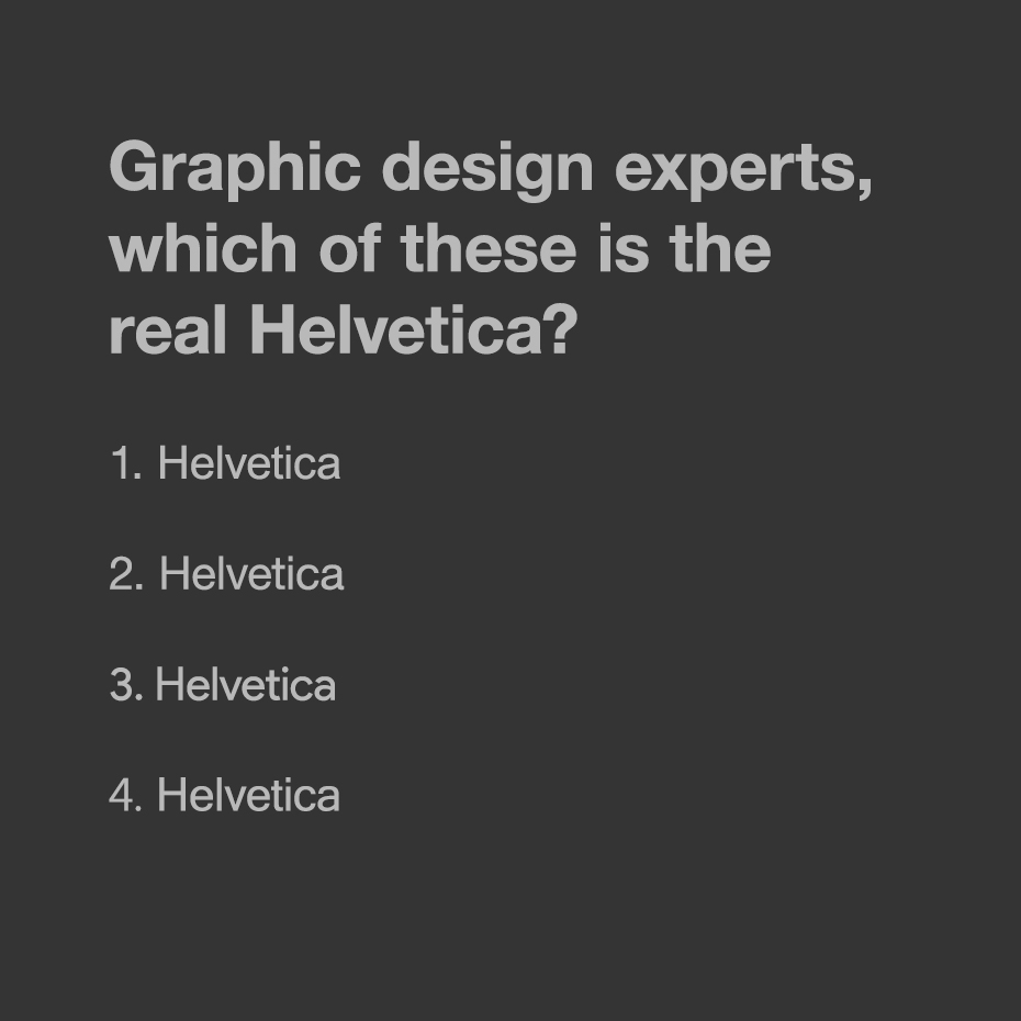 Helvetica font quiz comparing four similar typefaces