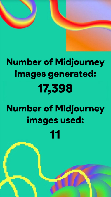 Number of Midjourney images generated: 17,398. Number of Midjourney images used: 11