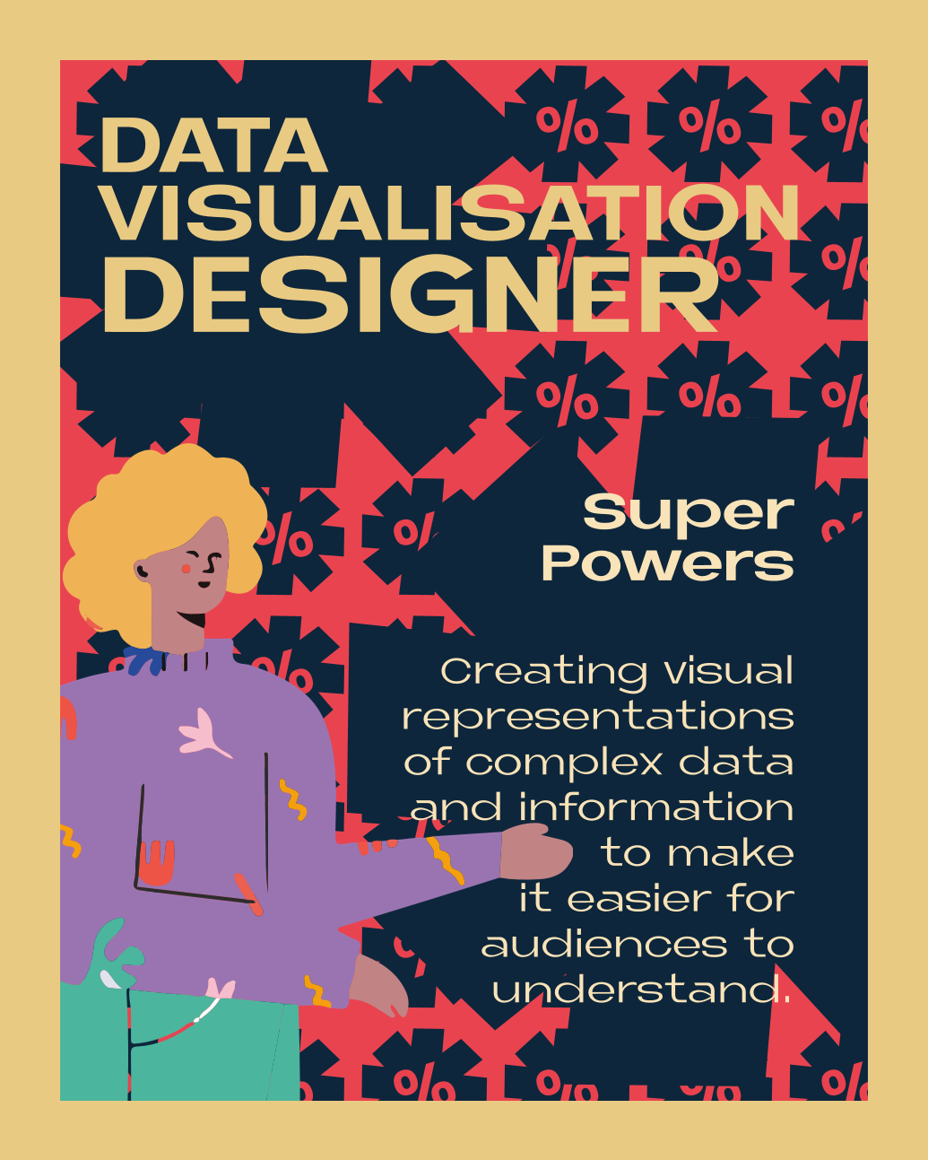 DATA VISUALISATION DESIGNER – Super Powers: Creating visual representations of complex data and information to make it easier for audiences to understand.