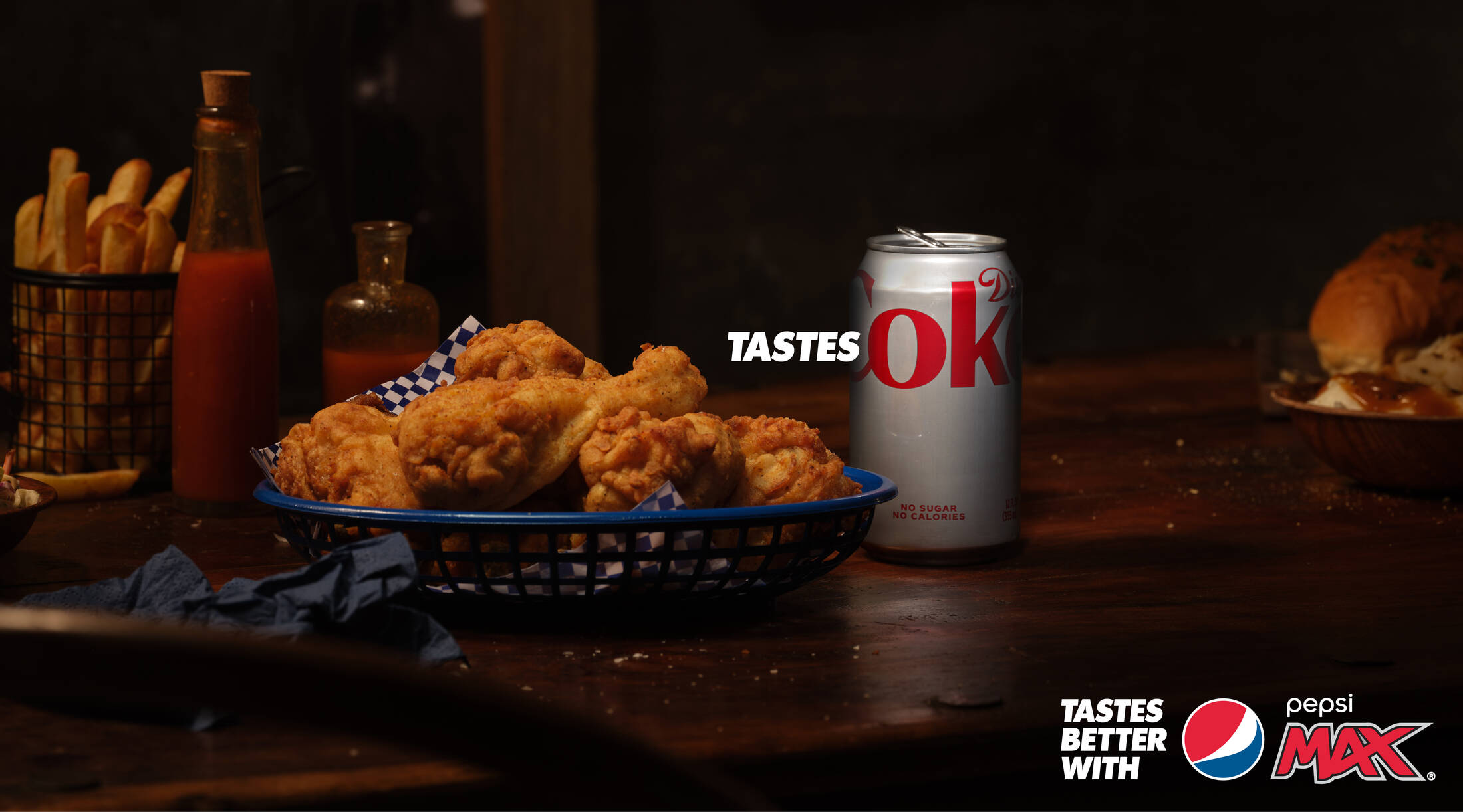 Fried chicken tastes OK with Coke. Taste better with Pepsi Max