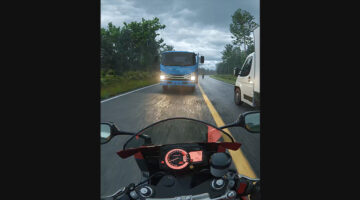 Motorcycle rider point-of-view on a highway with an oncoming truck and van, from a 3D artist’s viral ad scene.