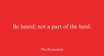 The Economist ad with the headline “Be heard; not a part of the herd” on a red background, featured in a collection of ads with clever headlines and copywriting.