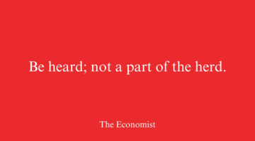 The Economist ad with the headline “Be heard; not a part of the herd” on a red background, featured in a collection of ads with clever headlines and copywriting.