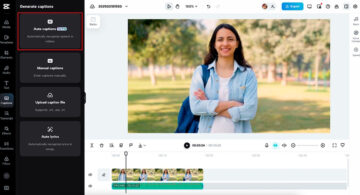CapCut interface showing a woman in a video editor with auto caption and voice editing features highlighted on the side panel.